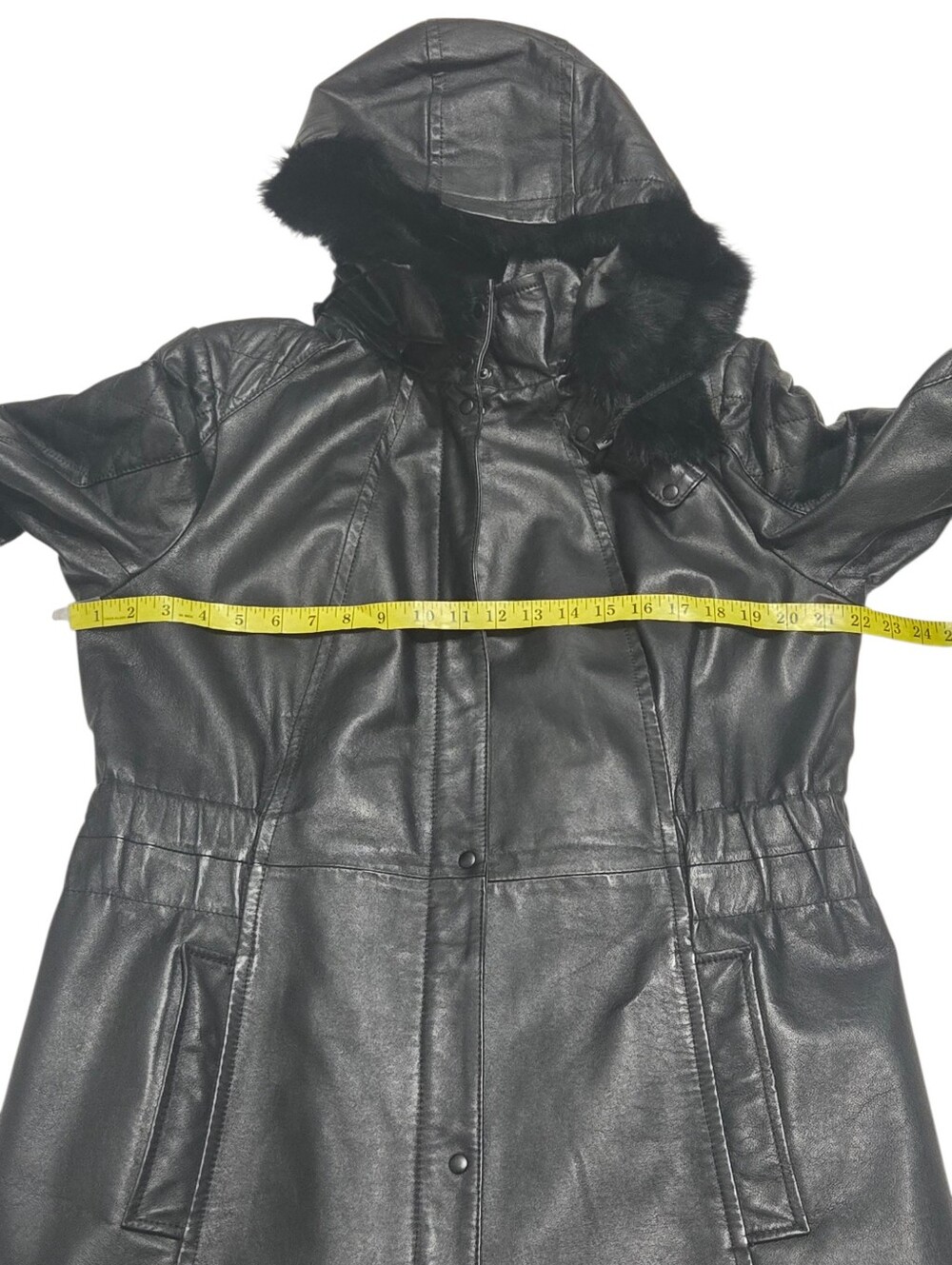 Danier Genuine Leather Coat Large Black Rabbit Fur Trim Quilted Sleeves - Picture 8 of 12
